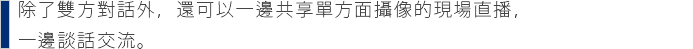 対面での会話はもちろん,一方のカメラからのライブ中継を共有して見ながら会話することもできます。