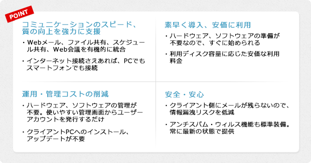 POINT コミュニケーションのスピード、質の向上を強力に支援 Webメール、ファイル共有、スケジュール共有、Web会議を有機的に統合 インターネット接続さえあれば、PCでもスマートフォンでも接続 運用・管理コストの削減 ハードウェア、ソフトウェアの管理が不要。使いやすい管理画面からユーザーアカウントを発行するだけ クライアントPCへのインストール、アップデートが不要 素早く導入、安価に利用 ハードウェア、ソフトウェアの準備が不要なので、すぐに始められる 利用ディスク容量に応じた安価な利用料金 安全・安心 クライアント側にメールが残らないので、情報漏洩リスクを低減 アンチスパム・ウィルス機能も標準装備。常に最新の状態で提供