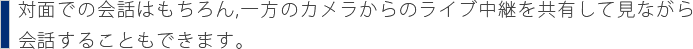 対面での会話はもちろん,一方のカメラからのライブ中継を共有して見ながら会話することもできます。